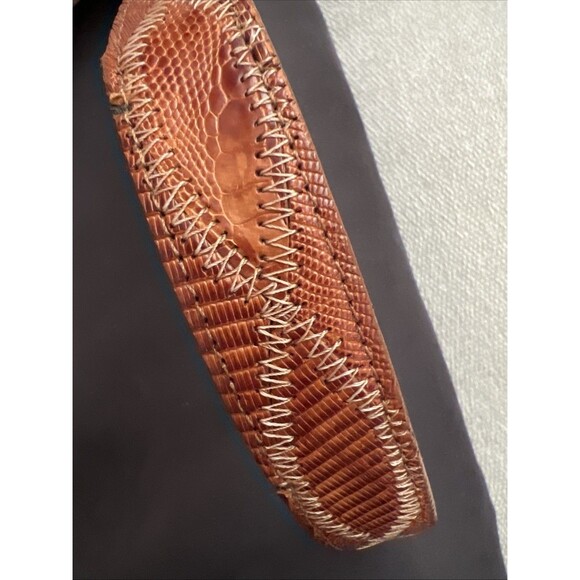 Wood Turquoise Brass Inlay Landscape Buckle Lizard  Belt Hippie Vtg Sky West 34 - Picture 5 of 11